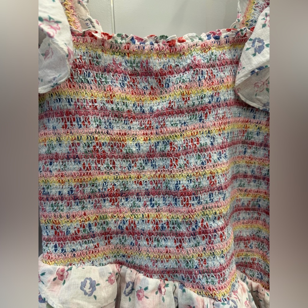 LoveShackFancy Multicolor Smocked Floral Asymmetrical Ruffle Mini Dress - Picture 6 of 9